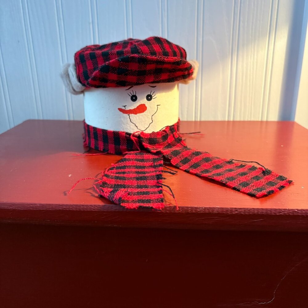 Cheerful snowman container with buffalo check cap and scarf, storage, 5.5 inches